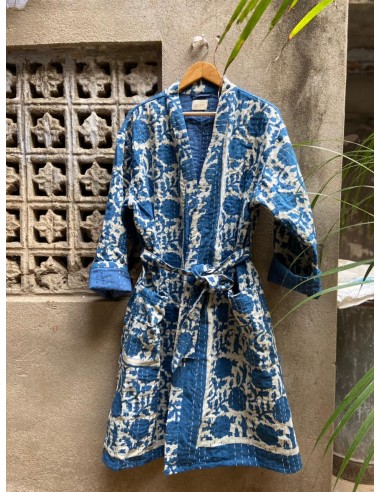 Kimono Block Printing Bleu Long paiement sécurisé