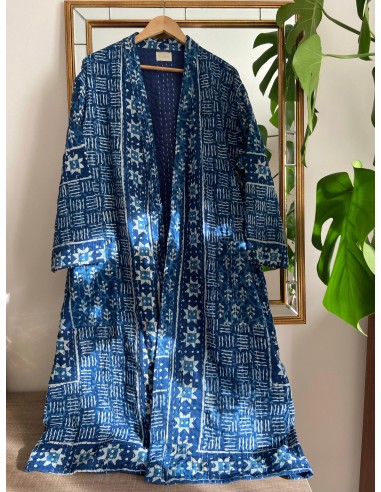 Kimono Block Printing Bleu Long solde