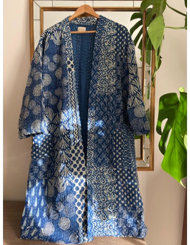 Kimono Block Printing Bleu Long JUSQU'A -70%! 